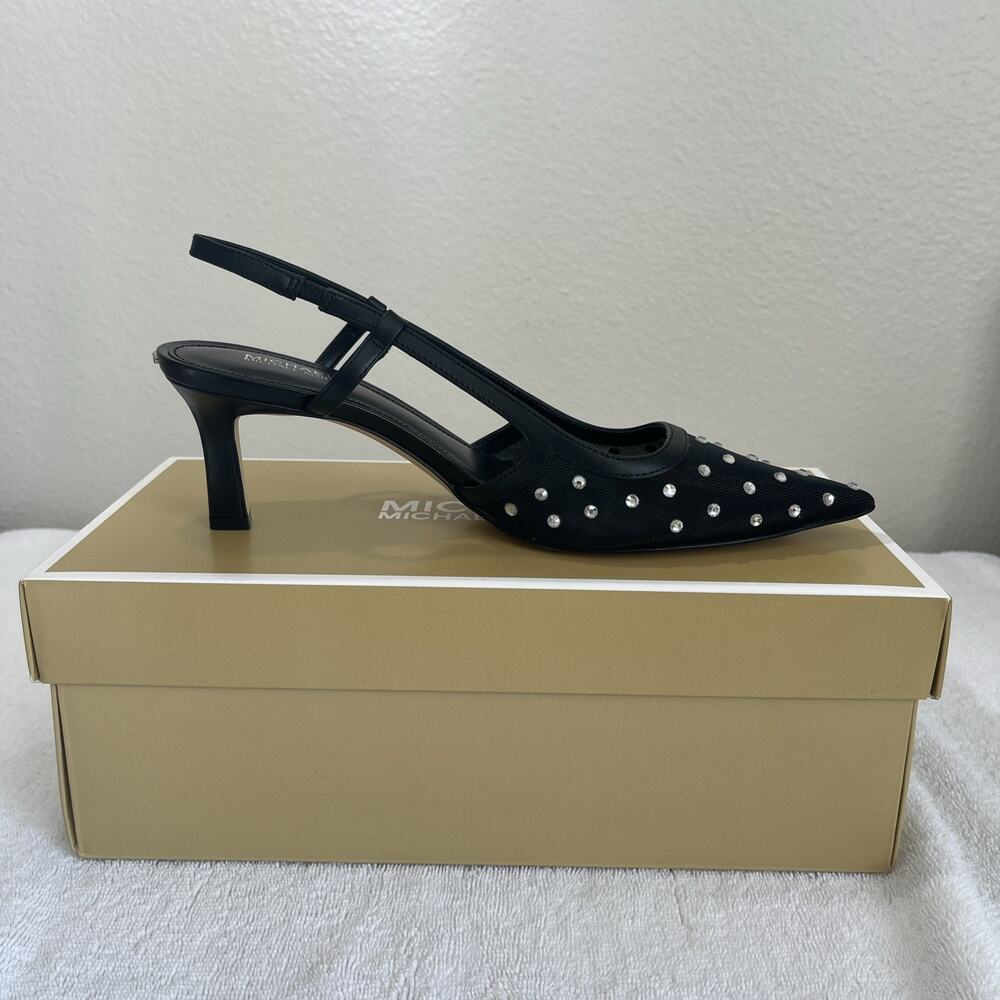Michael Kors Alora Crystal Embellished Mesh Slingback Pump In Black Sz 7.5